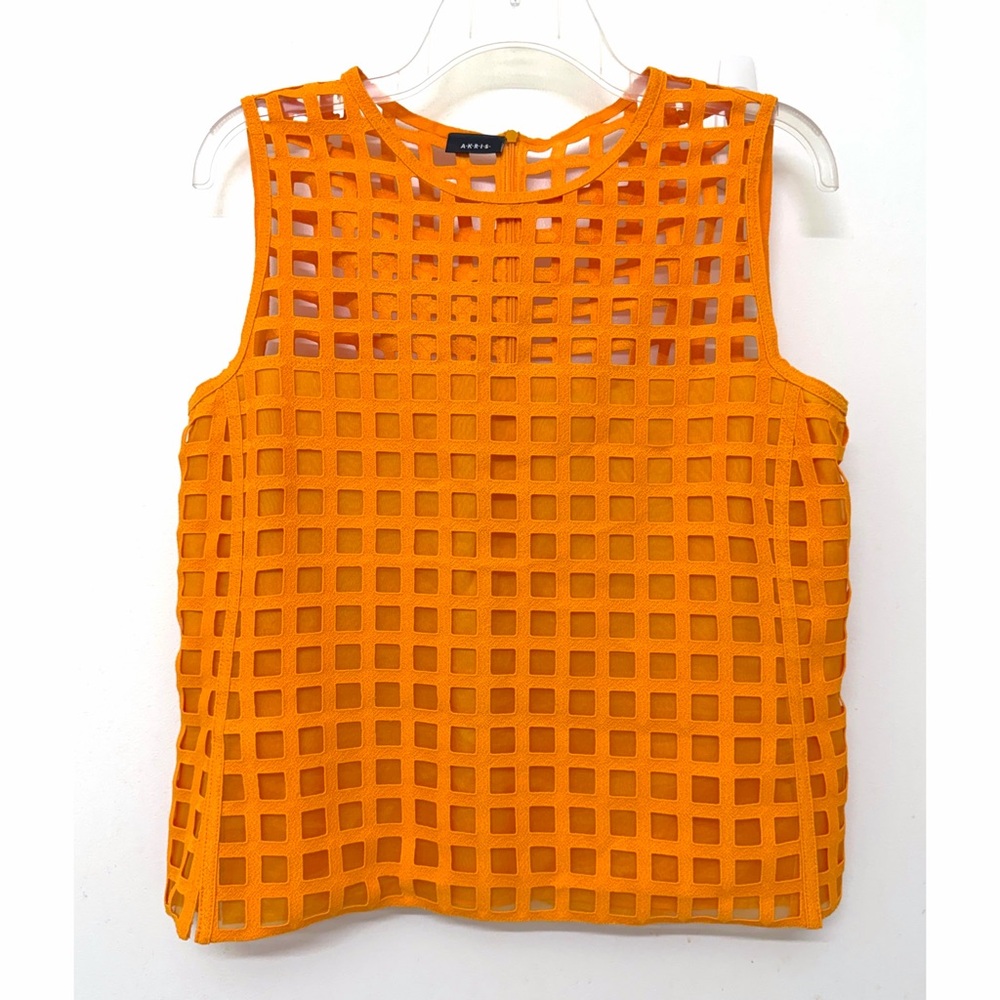 Akris Open Illusion Grid Tank Top Blouse Orange Embroidered Squares Geometric 10